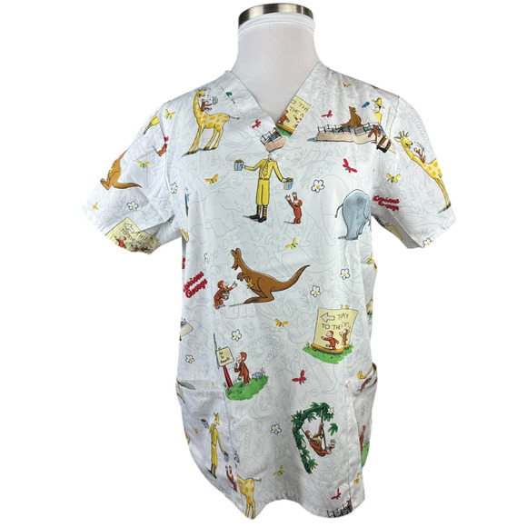 ✨2/$20 Curious George Adventures Cartoon Nurse CNA V-Neck Scrub Top Large - Picture 12 of 13